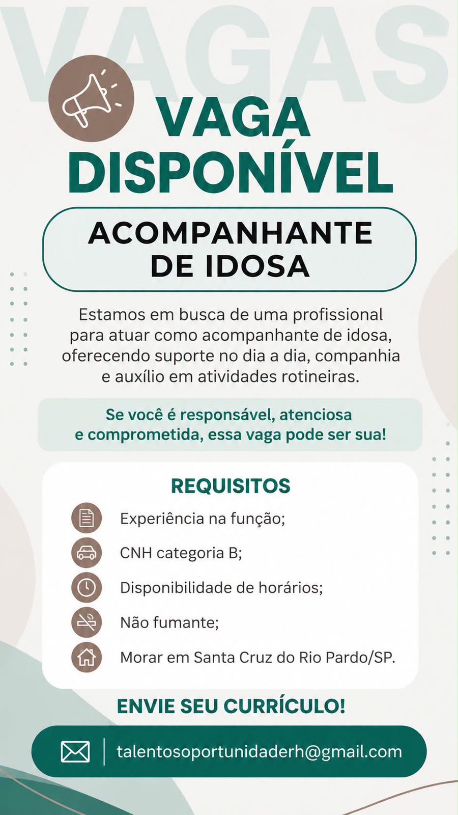 Vaga Para Acompanhante De Idosa